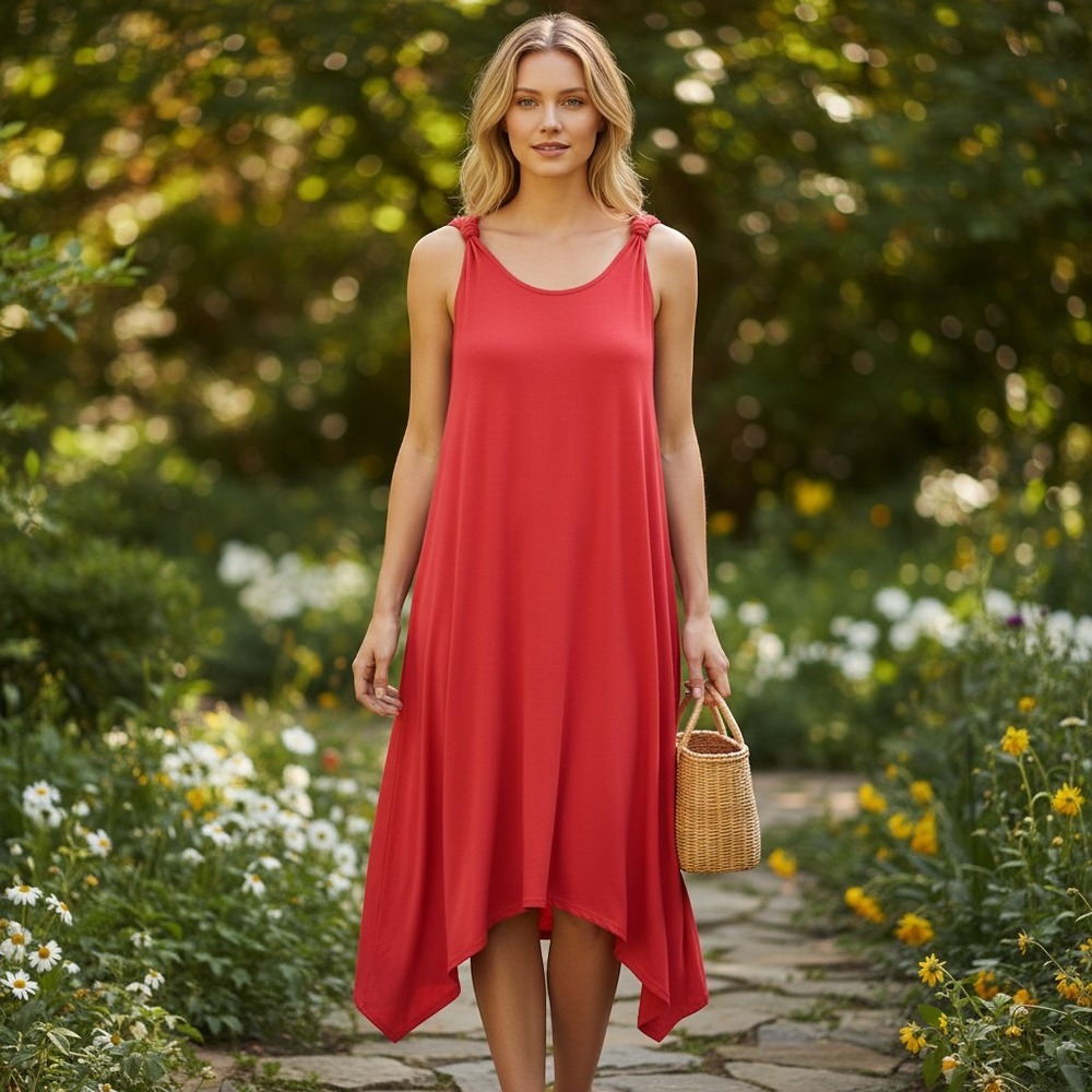 NEW Chico's Midi Dress Red Shoulder Detail Sharkbite Hem Women 2P LP